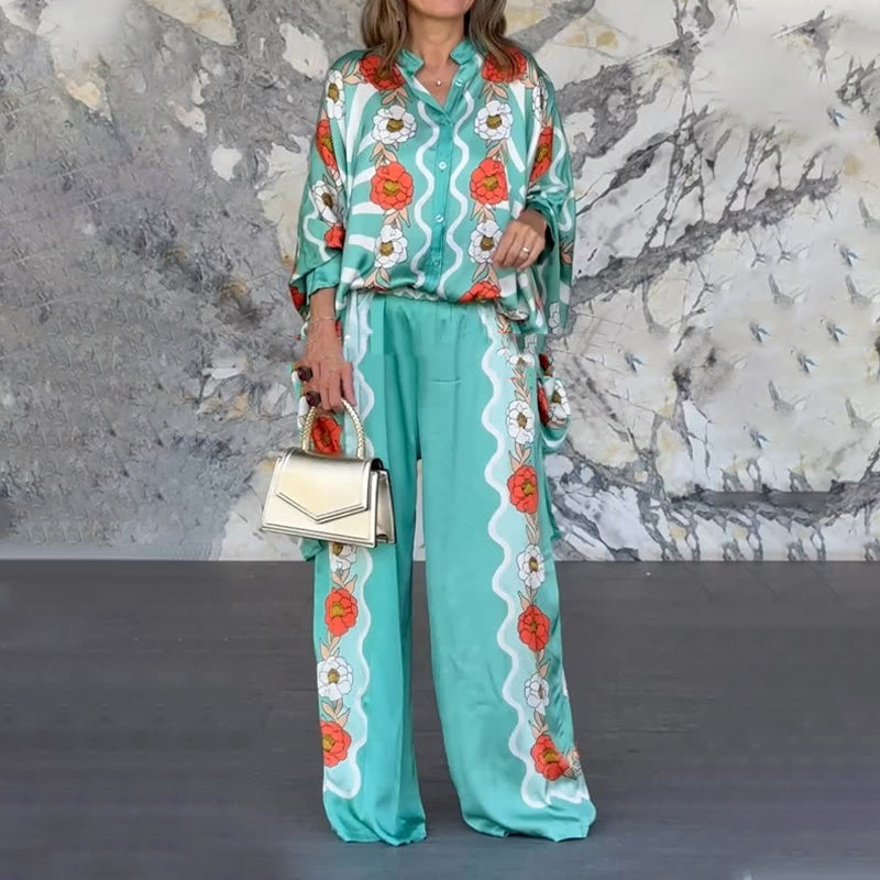 🎁🔥Stilvoller Damen-Zweiteiler mit Blumenmuster: Bluse  Hose