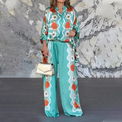 🎁🔥Stilvoller Damen-Zweiteiler mit Blumenmuster: Bluse  Hose