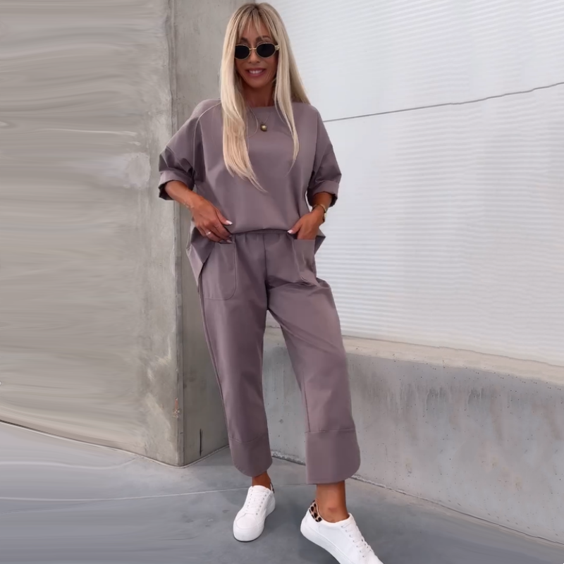 Lässiges, einfarbiges, kurzärmliges Oberteil und Hose, zweiteiliges Set für Damen