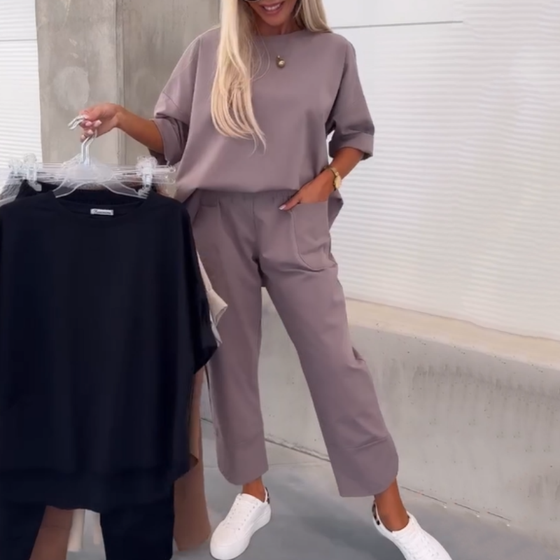 Lässiges, einfarbiges, kurzärmliges Oberteil und Hose, zweiteiliges Set für Damen