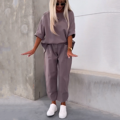 Lässiges, einfarbiges, kurzärmliges Oberteil und Hose, zweiteiliges Set für Damen