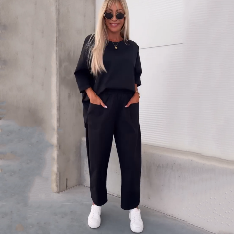 Lässiges, einfarbiges, kurzärmliges Oberteil und Hose, zweiteiliges Set für Damen