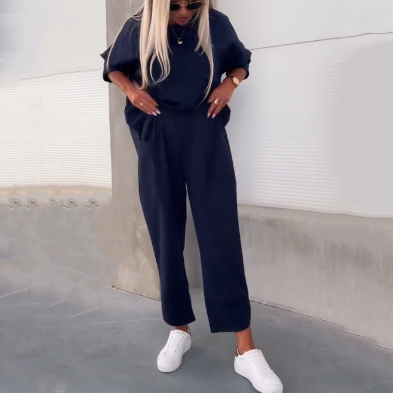 Lässiges, einfarbiges, kurzärmliges Oberteil und Hose, zweiteiliges Set für Damen