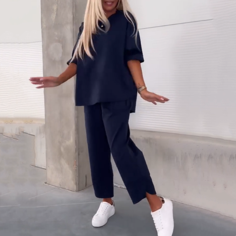 Lässiges, einfarbiges, kurzärmliges Oberteil und Hose, zweiteiliges Set für Damen