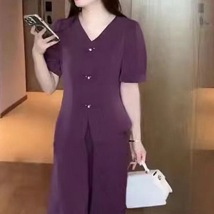 2-teiliges Set aus kurzärmligem Oberteil mit V-Ausschnitt und passender Hose mit weitem Bein für Damen