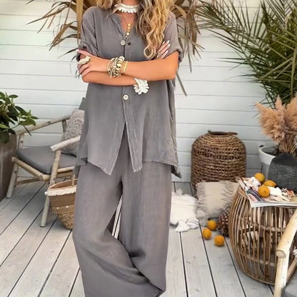 2-teiliges Damen-Set aus einfarbigem, lockerem Kurzarmhemd und weiten Hosen