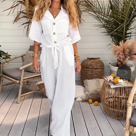 2-teiliges Damen-Set aus einfarbigem, lockerem Kurzarmhemd und weiten Hosen