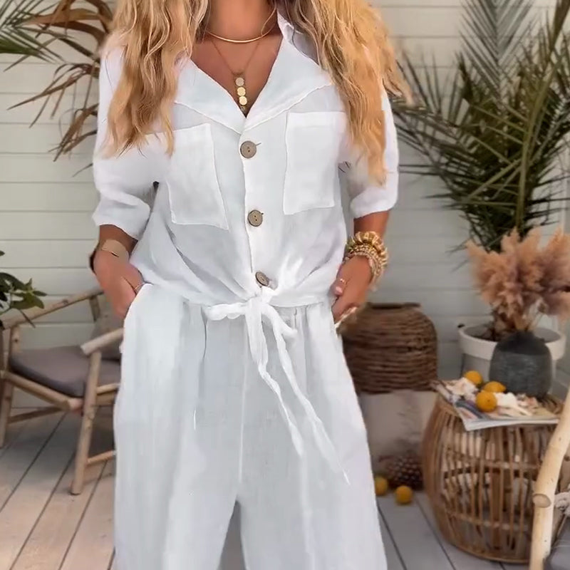 2-teiliges Damen-Set aus einfarbigem, lockerem Kurzarmhemd und weiten Hosen