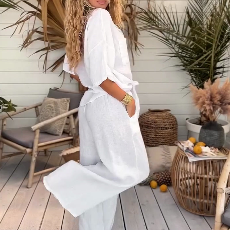 2-teiliges Damen-Set aus einfarbigem, lockerem Kurzarmhemd und weiten Hosen