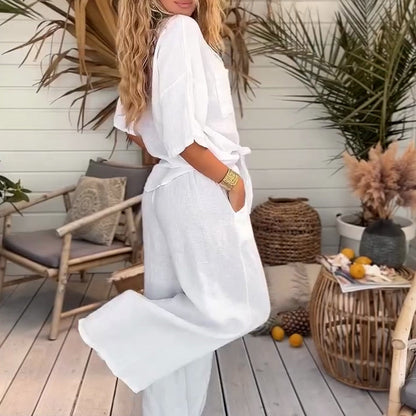2-teiliges Damen-Set aus einfarbigem, lockerem Kurzarmhemd und weiten Hosen