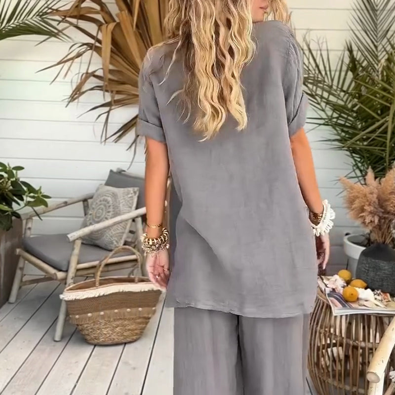 2-teiliges Damen-Set aus einfarbigem, lockerem Kurzarmhemd und weiten Hosen