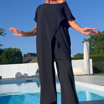 Solid Color Off-Shoulder Top & Pants Set