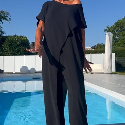 Solid Color Off-Shoulder Top & Pants Set
