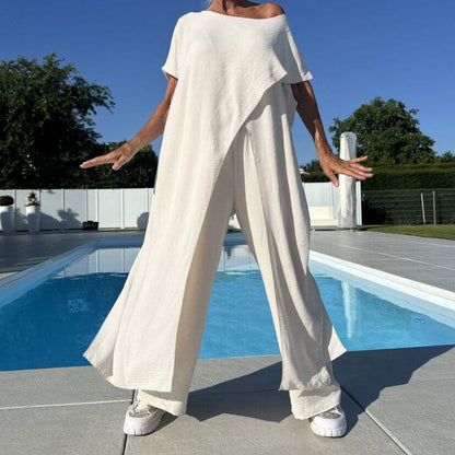 Solid Color Off-Shoulder Top & Pants Set