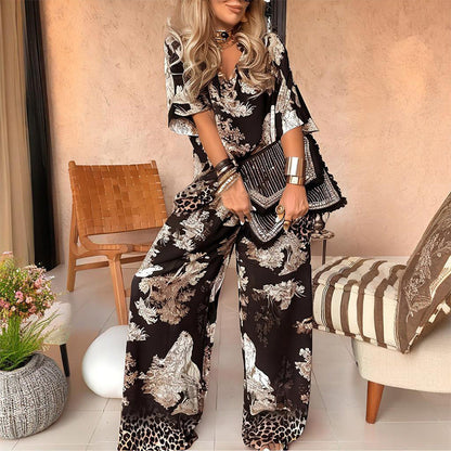 🔥🌊Damen-Set mit Print: Top mit V-Ausschnitt & lange Hose