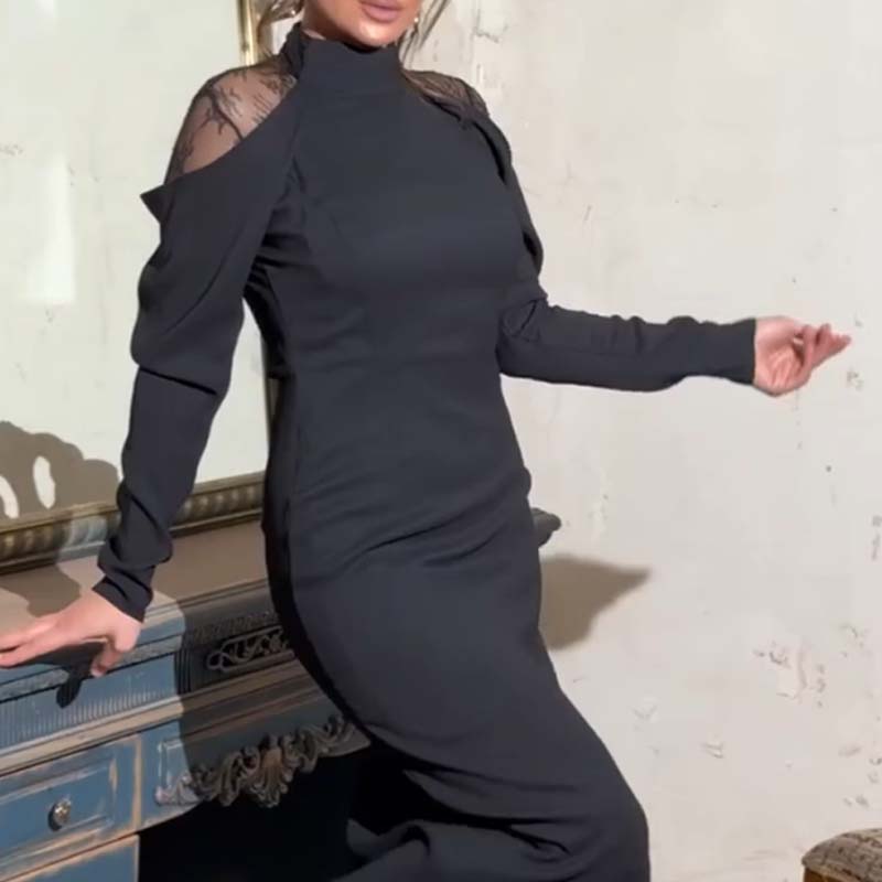 Women's Elegant Mock Neck Lace Back Midi Dress