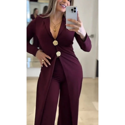 Women's Elegant Lapel Long-Sleeve Jumpsuit
