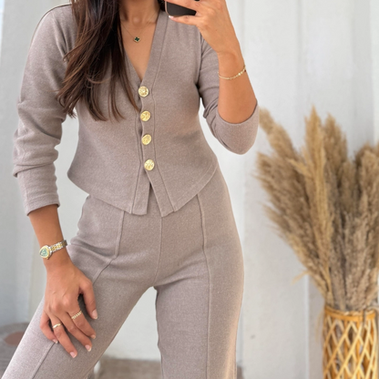 🧶 Women’s Casual Knitted Cardigan & Pants 2-Piece Set - Soft Stretchy Fabric for Daily Wear