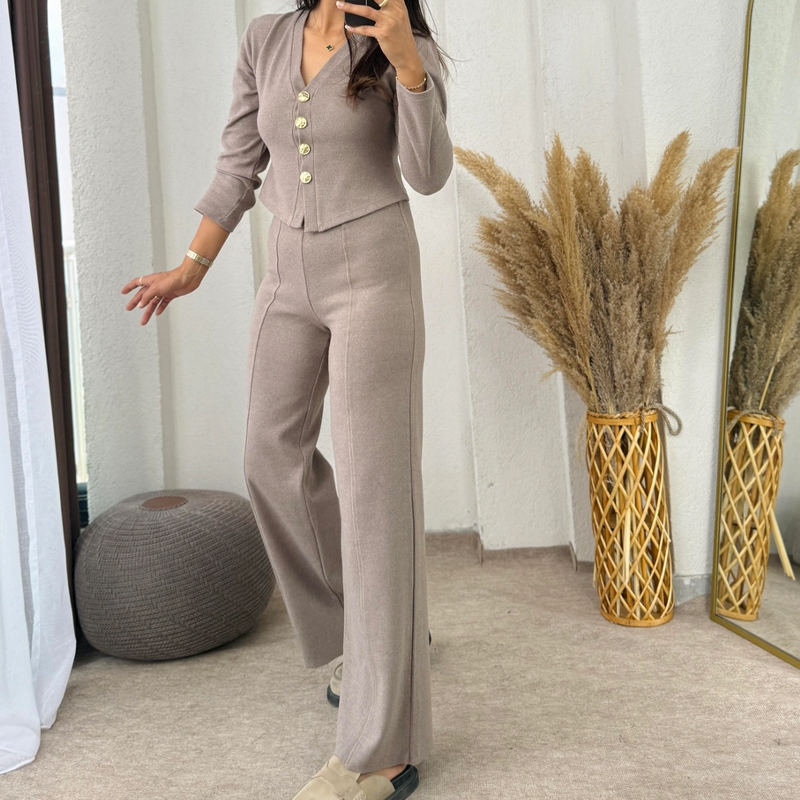 🧶 Women’s Casual Knitted Cardigan & Pants 2-Piece Set - Soft Stretchy Fabric for Daily Wear