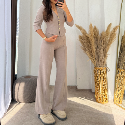🧶 Women’s Casual Knitted Cardigan & Pants 2-Piece Set - Soft Stretchy Fabric for Daily Wear