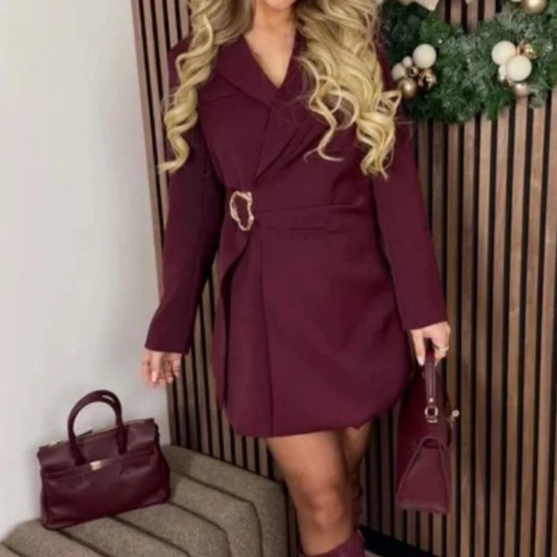 Women's Solid Long Sleeve Notch Lapel Blazer Dress