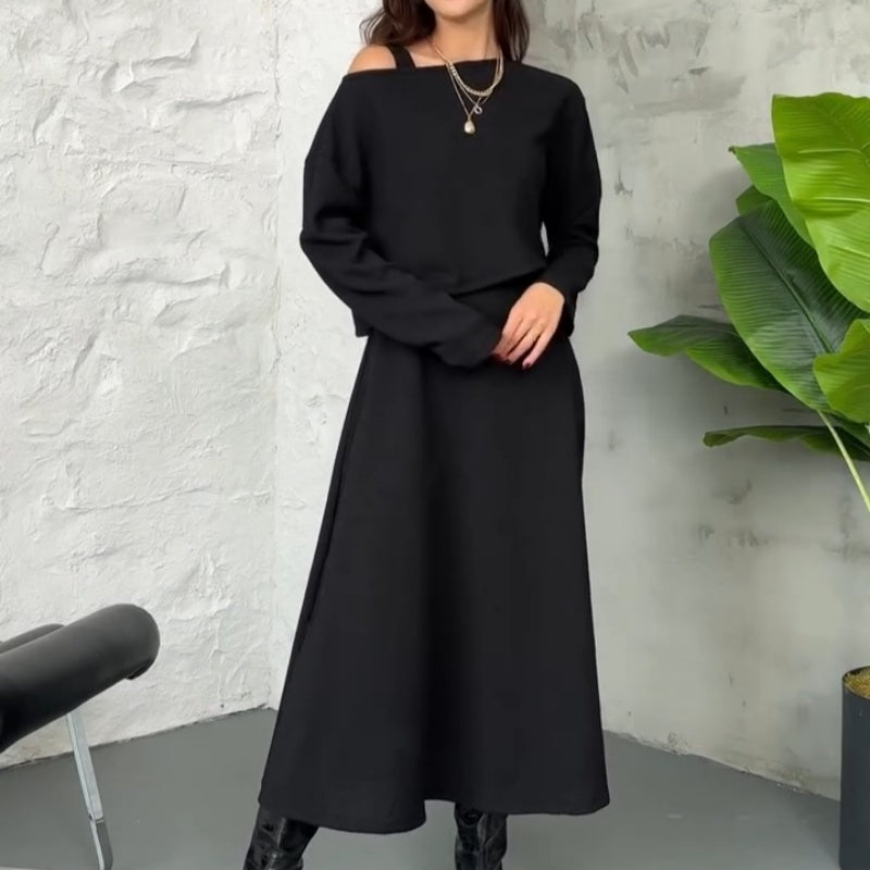 🔥Neuheiten Sonderangebot💃 2-teiliges Strick-Outfit für Damen: Midikleid mit Spaghettiträgern und bauchfreies Oberteil