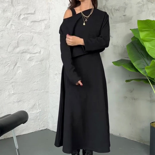 🔥Neuheiten Sonderangebot💃 2-teiliges Strick-Outfit für Damen: Midikleid mit Spaghettiträgern und bauchfreies Oberteil