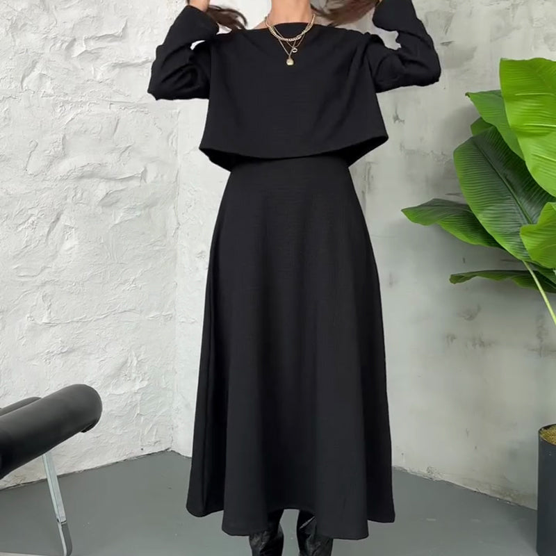 🔥Neuheiten Sonderangebot💃 2-teiliges Strick-Outfit für Damen: Midikleid mit Spaghettiträgern und bauchfreies Oberteil