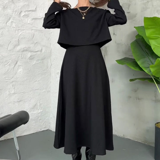 🔥Neuheiten Sonderangebot💃 2-teiliges Strick-Outfit für Damen: Midikleid mit Spaghettiträgern und bauchfreies Oberteil
