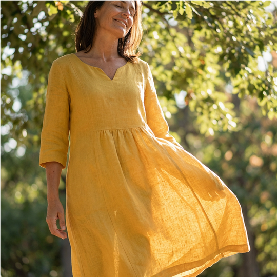 🌞Frühlingserwachen: 50% Rabatt!🌿 Damen Lässiges V-Ausschnitt Kleid aus Baumwoll-Leinen-Mix: 3/4-Ärmel, Seitentaschen &amp; Verdeckter Reißverschluss – Atmungsaktiv &amp; vielseitig für Übergang