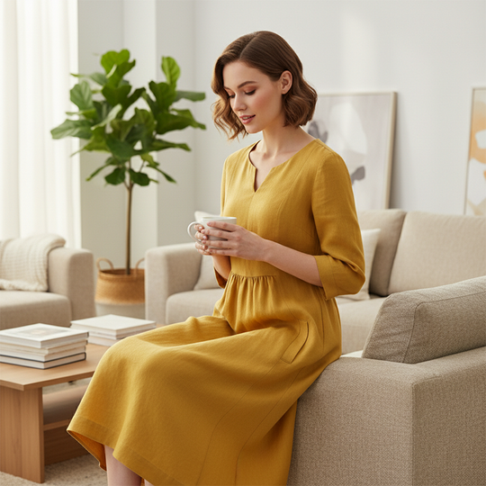 🌞Frühlingserwachen: 50% Rabatt!🌿 Damen Lässiges V-Ausschnitt Kleid aus Baumwoll-Leinen-Mix: 3/4-Ärmel, Seitentaschen &amp; Verdeckter Reißverschluss – Atmungsaktiv &amp; vielseitig für Übergang
