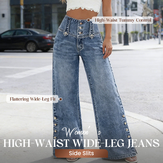 🌸 2026 Frühling/Sommer: Damen-Hochtaillierte Weitbeinjeans – Retro-Knöpfe, Seitenschlitze &amp; Stretch-Denim – Schlankmachend &amp; Trendig, S-2XL