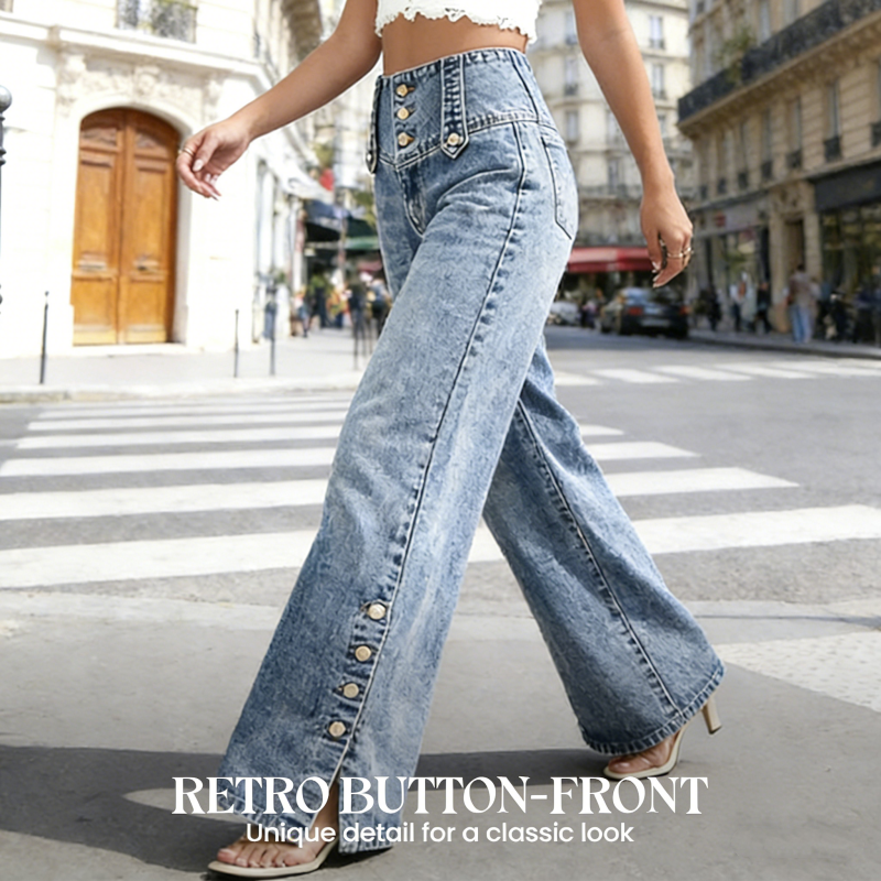 🌸 2026 Frühling/Sommer: Damen-Hochtaillierte Weitbeinjeans – Retro-Knöpfe, Seitenschlitze &amp; Stretch-Denim – Schlankmachend &amp; Trendig, S-2XL