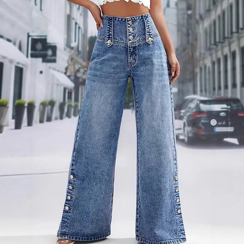 🌸 2026 Frühling/Sommer: Damen-Hochtaillierte Weitbeinjeans – Retro-Knöpfe, Seitenschlitze &amp; Stretch-Denim – Schlankmachend &amp; Trendig, S-2XL