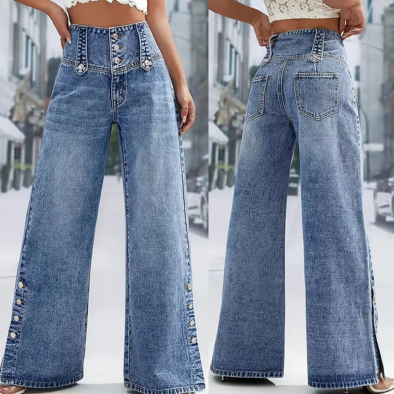 🌸 2026 Frühling/Sommer: Damen-Hochtaillierte Weitbeinjeans – Retro-Knöpfe, Seitenschlitze &amp; Stretch-Denim – Schlankmachend &amp; Trendig, S-2XL