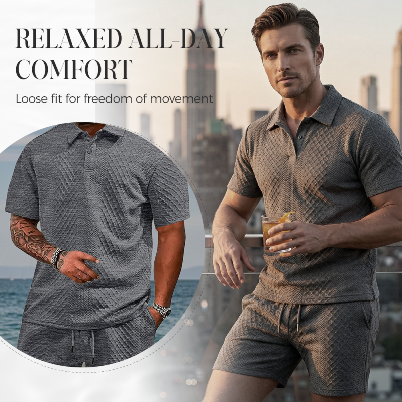 👔 LIMITED-TIME 50% OFF! ✨ Men's 2-Piece Set – Diamond Print, Collared Top, Shorts, Comfort Fit ✨