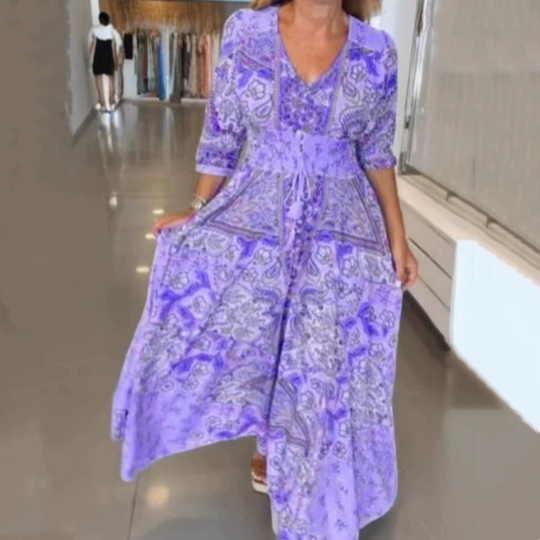 Elegantes Damenkleid mit Blumenmuster und Kordelzug in Maxilänge