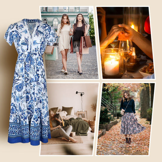 🔥Solange der Vorrat reicht 40 % Rabatt!🎉Blaues langes Kleid mit Blumendruck und V-Ausschnitt und Gürtel