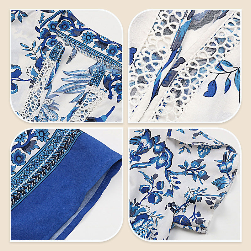 🔥Solange der Vorrat reicht 40 % Rabatt!🎉Blaues langes Kleid mit Blumendruck und V-Ausschnitt und Gürtel