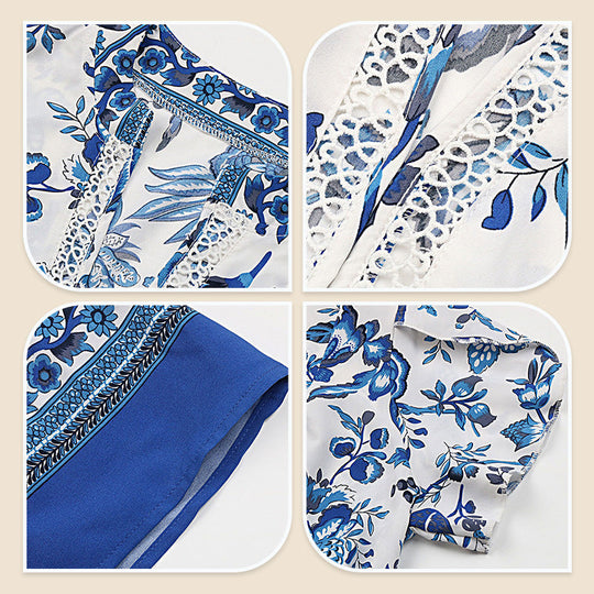 🔥Solange der Vorrat reicht 40 % Rabatt!🎉Blaues langes Kleid mit Blumendruck und V-Ausschnitt und Gürtel