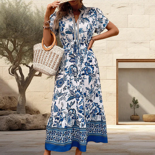 🔥Solange der Vorrat reicht 40 % Rabatt!🎉Blaues langes Kleid mit Blumendruck und V-Ausschnitt und Gürtel