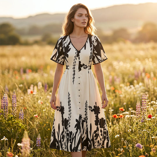 🌸 Elegant V-Neck Botanical Print Midi Dress | Flowy Summer Dress
