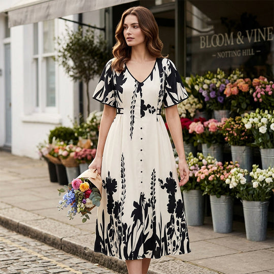 🌸 Elegant V-Neck Botanical Print Midi Dress | Flowy Summer Dress