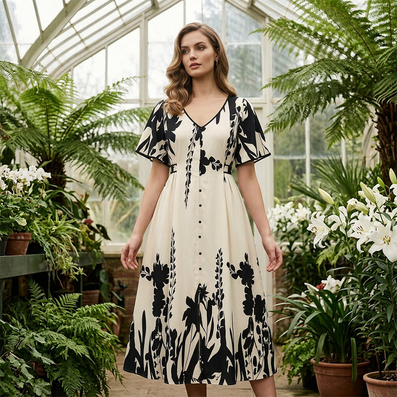 🌸 Elegant V-Neck Botanical Print Midi Dress | Flowy Summer Dress