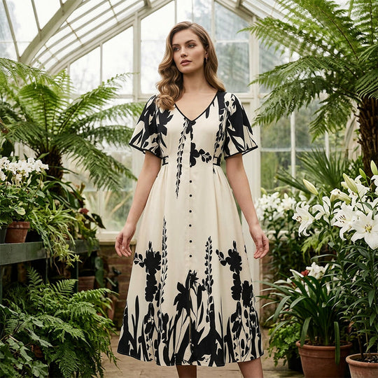 🌸 Elegant V-Neck Botanical Print Midi Dress | Flowy Summer Dress