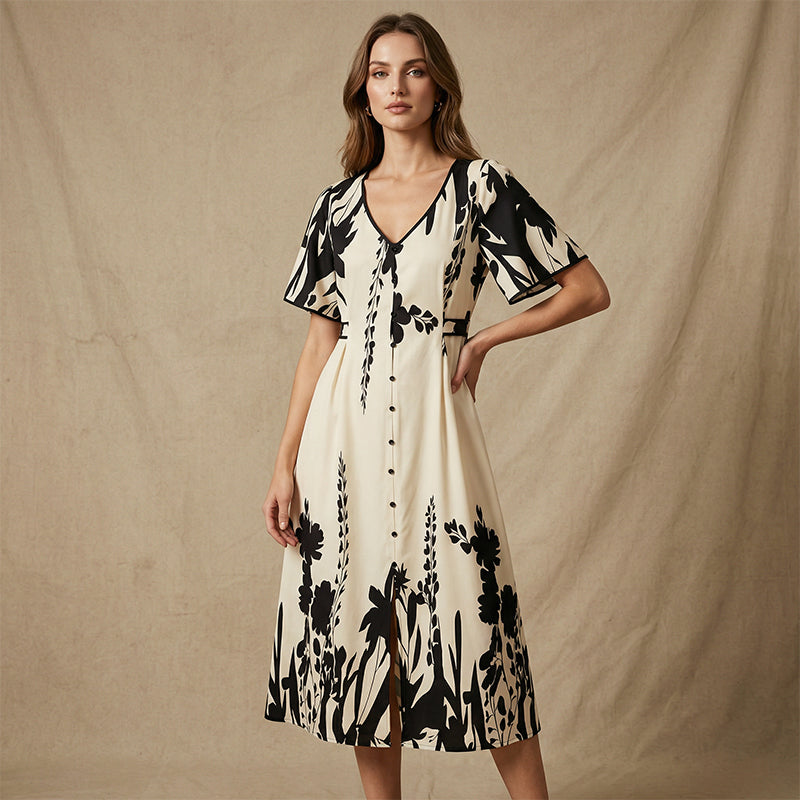 🌸 Elegant V-Neck Botanical Print Midi Dress | Flowy Summer Dress