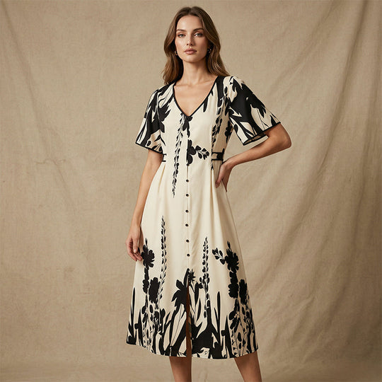 🌸 Elegant V-Neck Botanical Print Midi Dress | Flowy Summer Dress