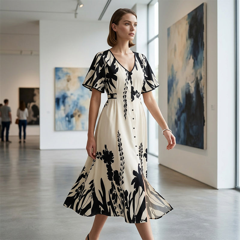 🌸 Elegant V-Neck Botanical Print Midi Dress | Flowy Summer Dress