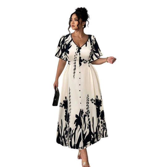 🌸 Elegant V-Neck Botanical Print Midi Dress | Flowy Summer Dress