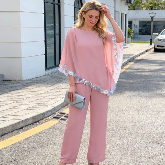 Elegant Sequin Trim Poncho Top &amp; Wide-Leg Pants Set